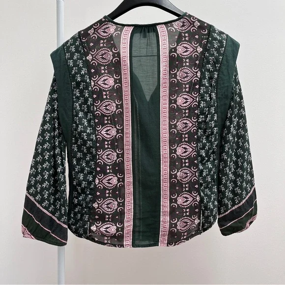 Sea New York NY blouse green pattern cotton top tassels boho bohemian India 2 XS - Picture 9 of 10